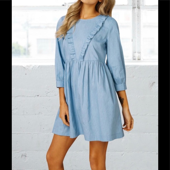 Light Wash Denim Chambray Ruffle Dress - Picture 1 of 6